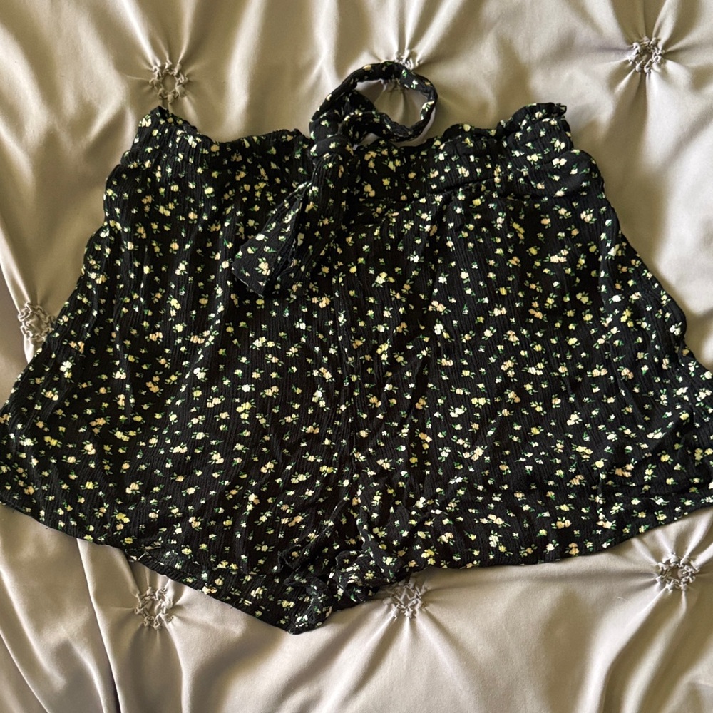 Floral Black Shorts with Tie Waist